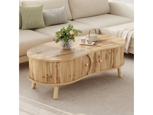 Table basse aspect bois naturel foncé à effet cannelé, 2 portes coulissantes et pieds en bois massif, 108x50x37 cm