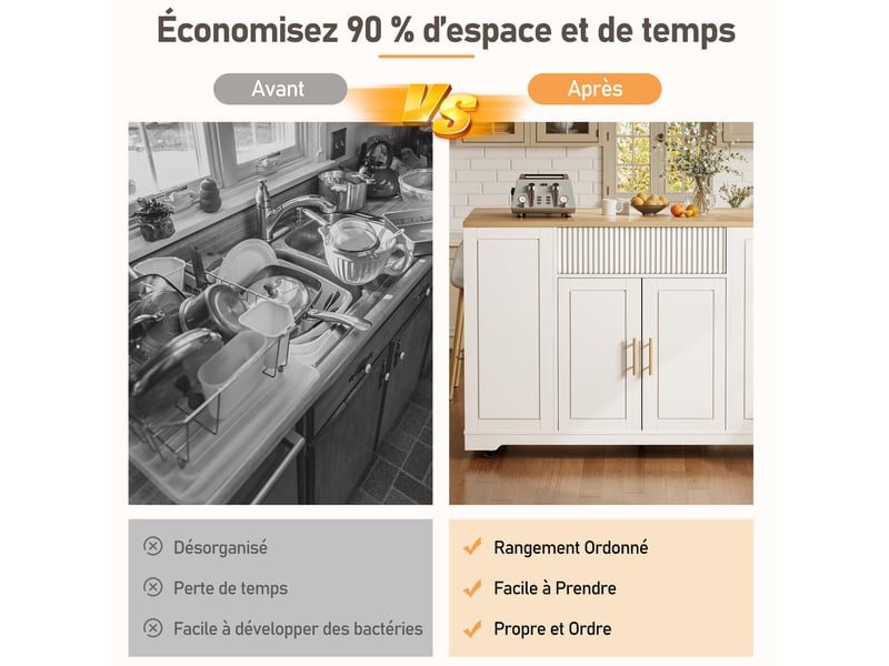  Îlot de cuisine 120x50x92 cm avec tiroirs, portes, roulettes et étagères, pour cuisine, en mdf et métal, bois et blanc  - Conforama E