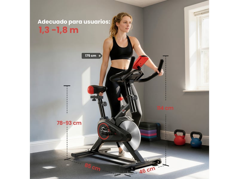 Vélo appartement, lcd, cardio, selleguidon réglables, volant 6 kg, résistance ajustable, 85x46x114 cm, noirrouge. - Conforama E