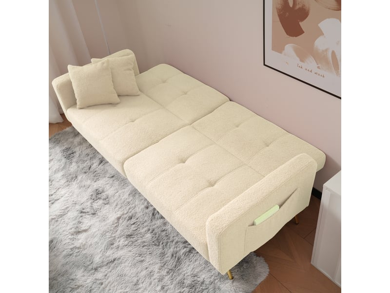  Canapé convertible bouclette beige, canapé lit 2 places avec dossier inclinable et pieds dorés, canapé beige 175 cm.  - Conforama W