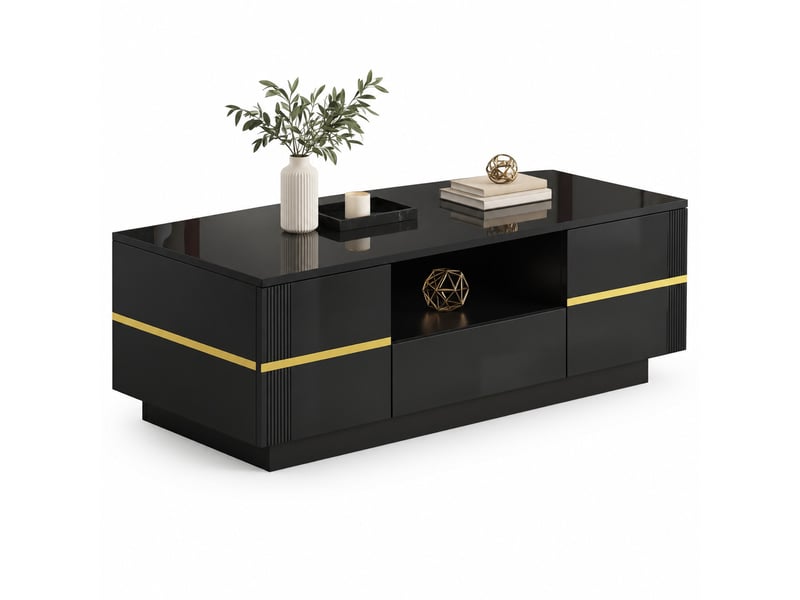  Table basse moderne 100x50x35,5 cm – noir et doré – led, 2 portes, tiroir et rangement ouvert  - Conforama A