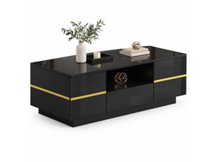 Table basse moderne 100x50x35,5 cm – noir et doré – led, 2 portes, tiroir et rangement ouvert