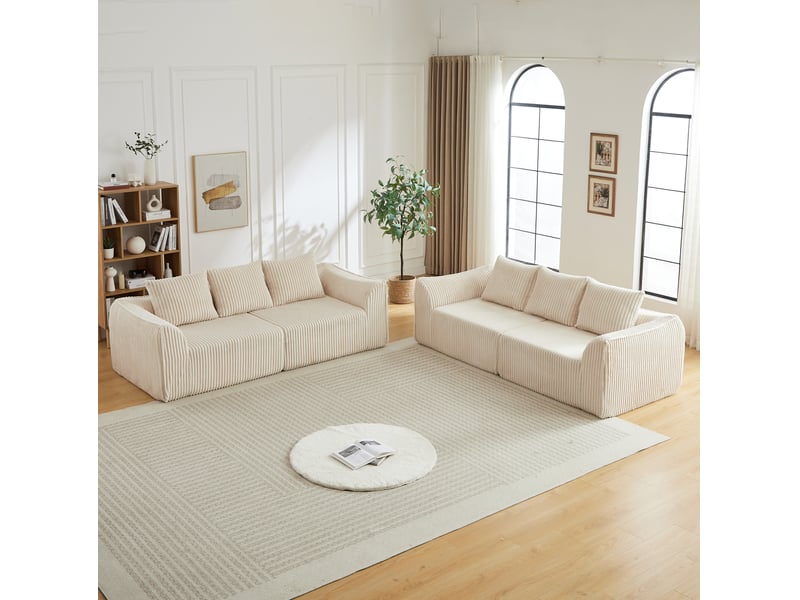  Canapé modulaire 6 places en velours côtelé beige, lignes arrondies et six coussins pour un salon chic  - Conforama B