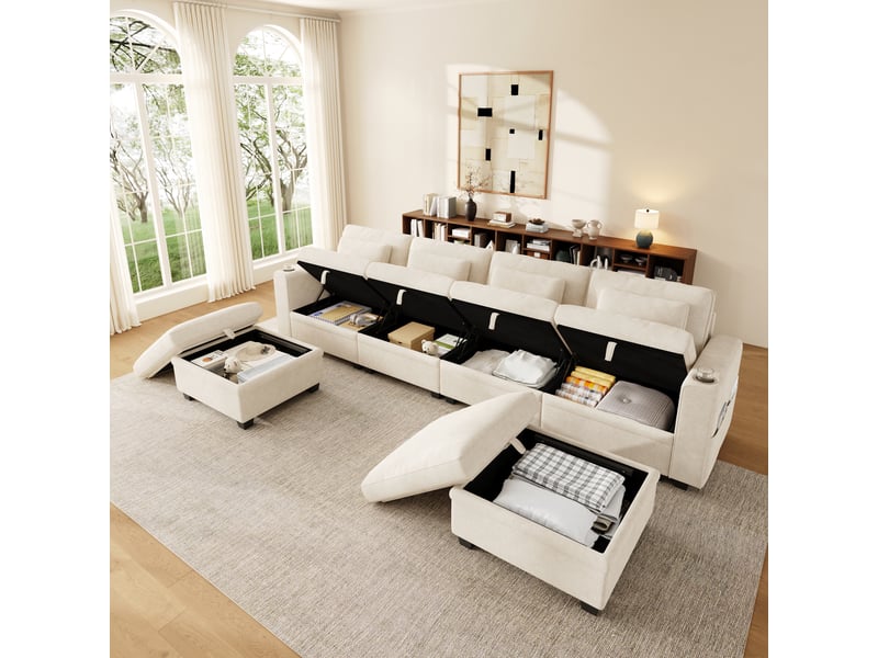  Canapé modulable 6 places en ul 278x148,5 cm avec fonction couchage, 6 coffres, dossier 3 positions, usbusb-c, chenille gaufrée beige Morn Vibe - Conforama B