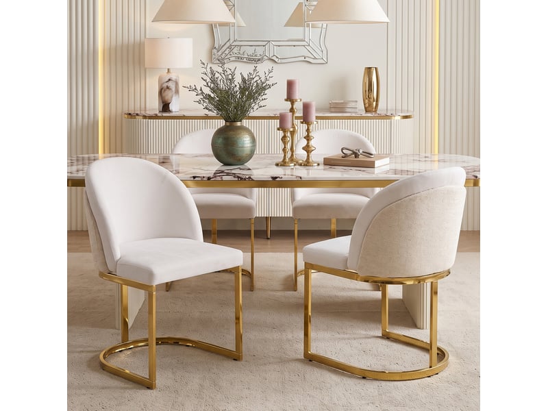  Lot de 6 chaises de salle à manger 59×52×85cm, beige et or, dossier double design, pieds métalliques lisses  - Conforama D