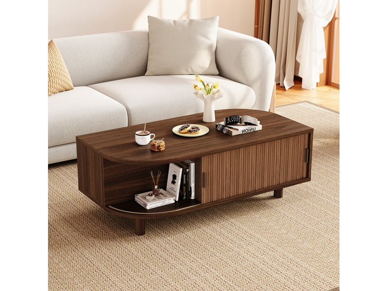  Table basse 100x50x35 cm avec 2 portes coulissantes, finition noyer  - Conforama B