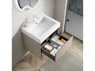 Meuble sous vasque suspendu avec 1 tiroir et 1 espace ouvert, vasque en résine, salle de bain, chêne clair et blanc