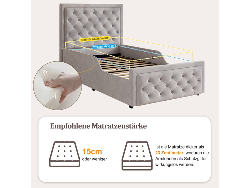  Lit coffre enfant simple 90×200 cm avec rangement, tête rembourrée - okmyhome- velours gris, sans matelas  - Conforama E
