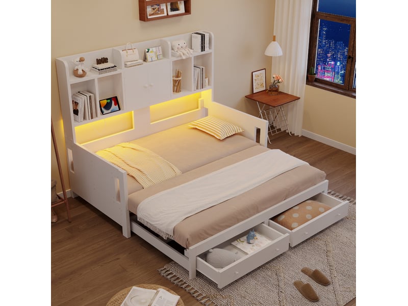  Lit gigogne 90x190-180x190 cm, tiroirs rangement, lit banquette, lit enfant, prise usb, led, bois, blanc, sans matelas  - Conforama D