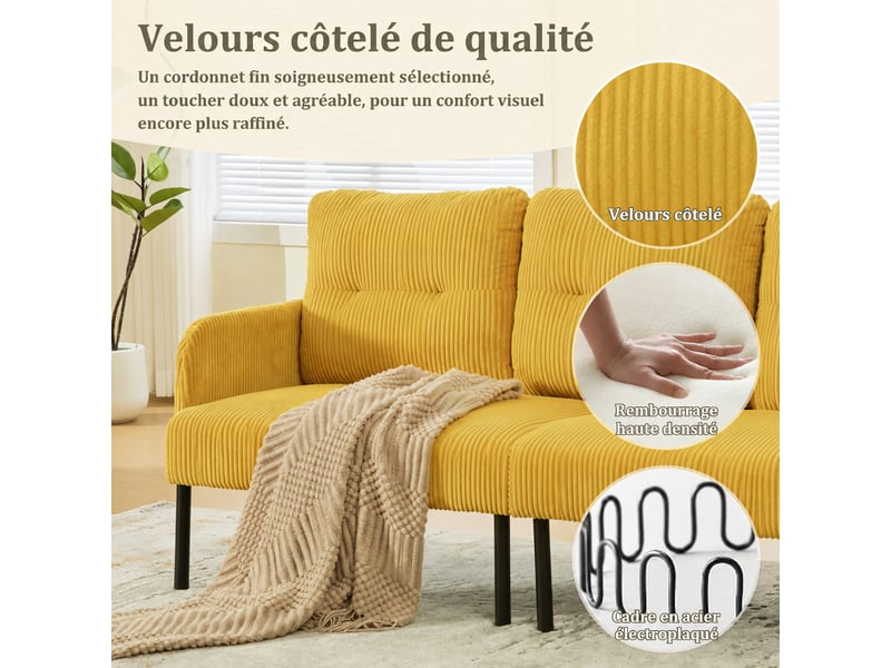  Canapé 3 places en velours côtelé, assise moelleuse, poches latérales, jaune  - Conforama B