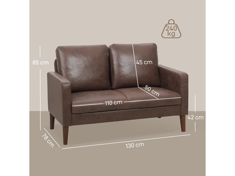  Canapé 2 places canapé de salon 130 cm, coussin à ressorts et pieds en bois d'hévéa, tissu en microfibre, marron foncé  - Conforama C