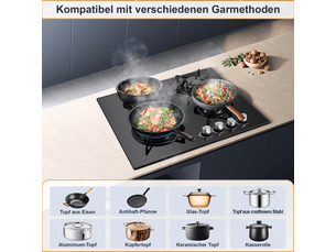 Plaque de cuisson gaz 4 feux, table de cuisson gaz encastrable 60 cm, verre trempé, allumage électronique, 8060 w
