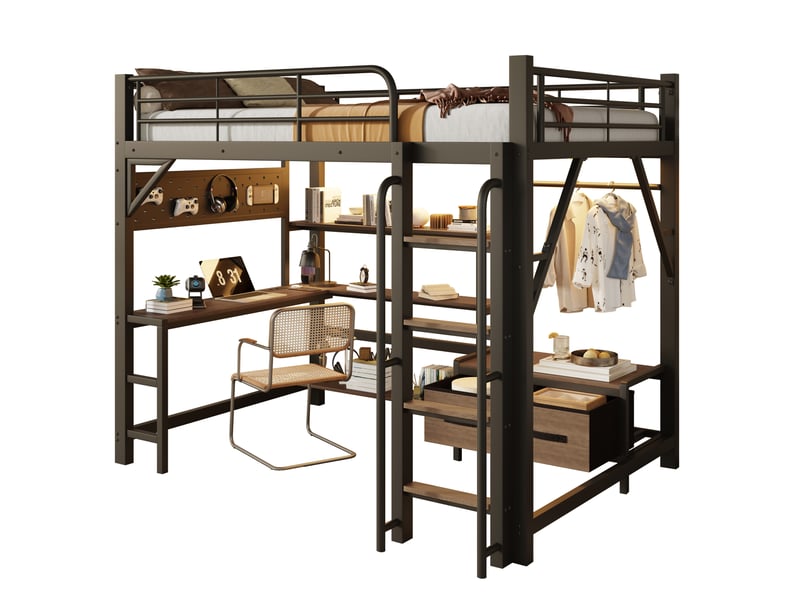  Lit mezzanine 140 x 200 cm avec bureau, rangements, led, usb, noir, métal  - Conforama A