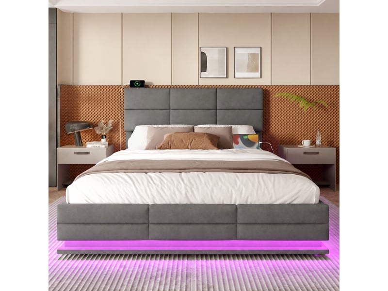  Lit coffre 160x200 en velours gris, tête de lit réglable, éclairage led, ports usb et usb-c, rangement hydraulique  - Conforama D