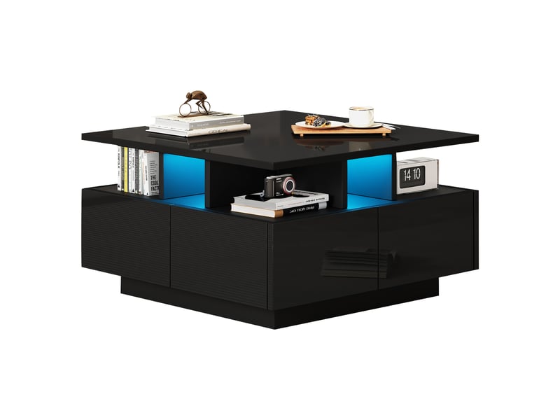  Table basse carrée avec 4 tiroirs, éclairage led et rangement 3 niveaux, pour salon, en panneaux de particules, noir, 70 x 70 x 40 cm  - Conforama A