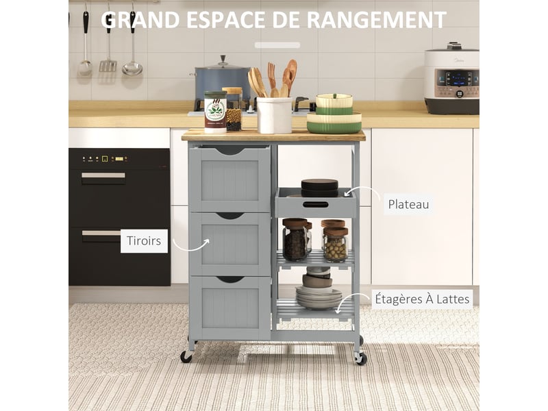  Chariot desserte de cuisine à roulettes plan de travail en bois 3 tiroirs et 1 plateau amovible 67 x 37 x 85,5 cm gris  - Conforama D