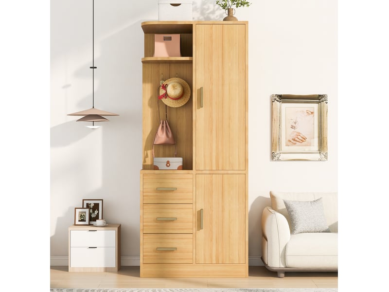  Armoire 70x50x170 cm 1 porte, en bois, tiroirs et tringle, bois naturel, étagères et crochets de rangement  - Conforama E