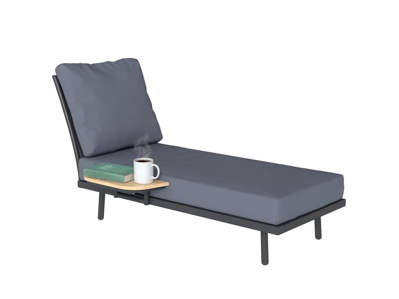  Chaise longue de jardin avec coussins lavables en oléfine et étagère latérale, cadre en métal, 58x137x75cm, gris  - Conforama A
