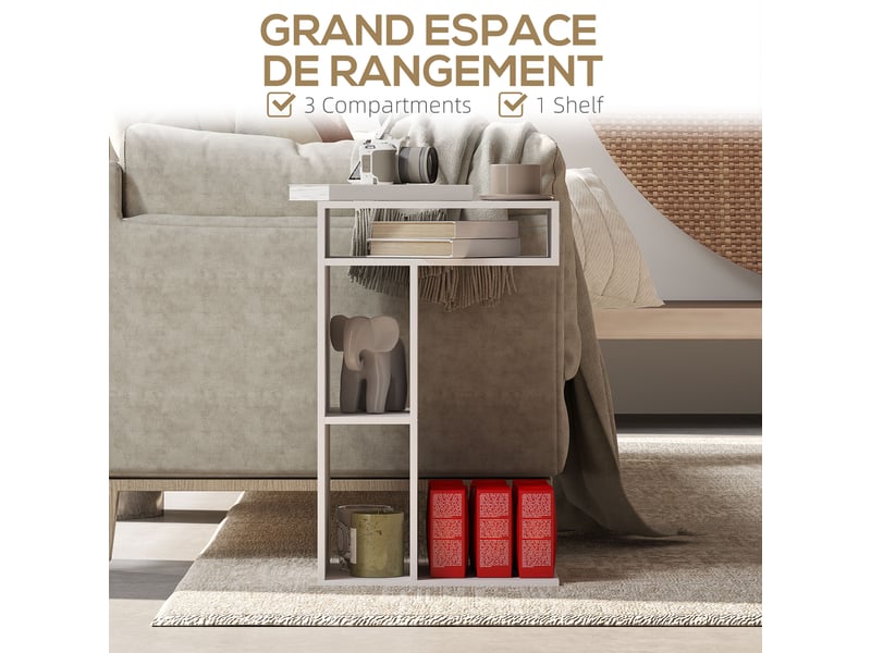  Table d'appoint en forme de c avec roulettes, 40 x 30 x 69 cm, avec 3 compartiments et 1 étagère ouverte, blanc  - Conforama R
