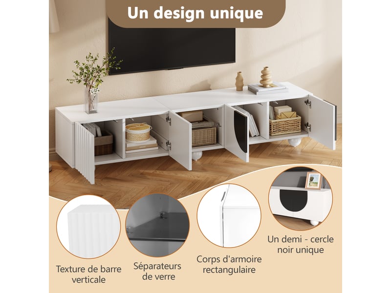  Meuble tv moderne noir et blanc, portes push-to-open, niche centrale ouverte, 180 x 40 x 41,5 cm  - Conforama D