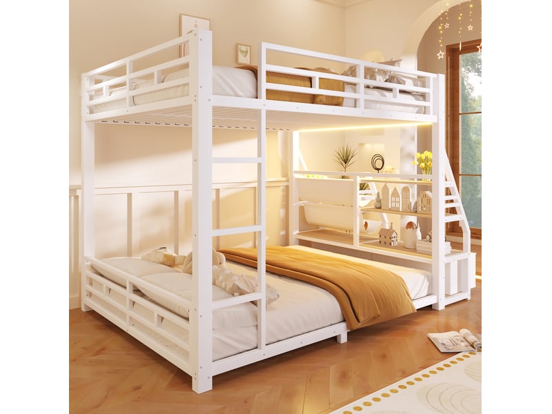  Lit superposé 140x200 cm en métal blanc avec éclairage led et 2 tiroirs  - Conforama C