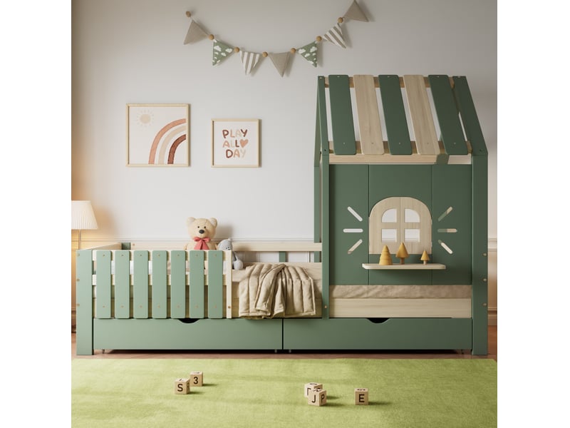  Lit cabane enfant 90x200 cm avec toit, fenêtre et 2 tiroirs, bois et mdf, vert et naturel, sans matelas  - Conforama B