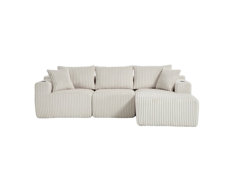 Canapé modulable ulevr 3 places avec méridienne, velours côtelé beige, poches latérales et porte-gobelets, 257 x 160 cm - Conforama A