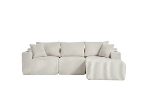 Canapé modulable ulevr 3 places avec méridienne, velours côtelé beige, poches latérales et porte-gobelets, 257 x 160 cm