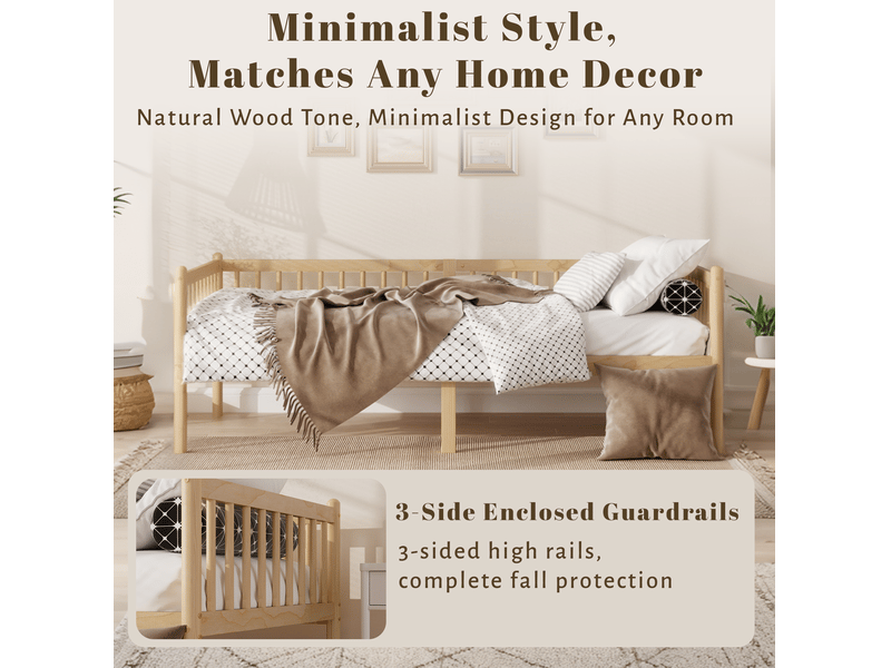  Lit de jour 90x200 cm avec 3 garde-corps et 14 lattes de soutien, cadre en pin massif, couleur naturel  CARDUME ESTIVAL - Conforama R