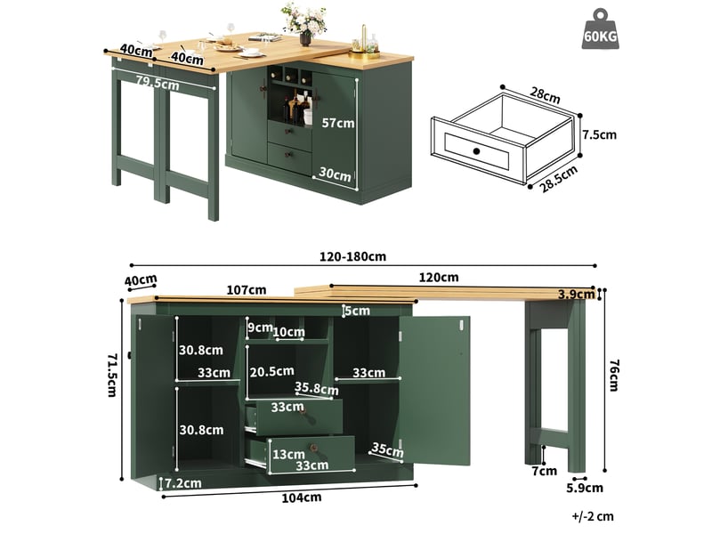  Bar extensible modenvie 120-180 x 40 x 76 cm avec rangement en mdf vert antique  - Conforama C
