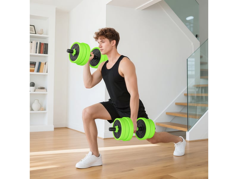  Ensemble d'haltères 4 en 1, 20 kg, réglable, comprenant haltères, barre, kettlebell et poignées pour pompes (vert).  - Conforama D
