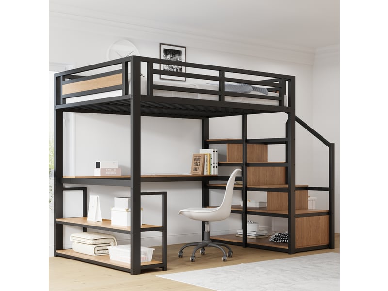  Lit mezzanine 140 x 200 cm avec bureau, étagères et escalier rangement, métal, noir Fay Lum - Conforama E