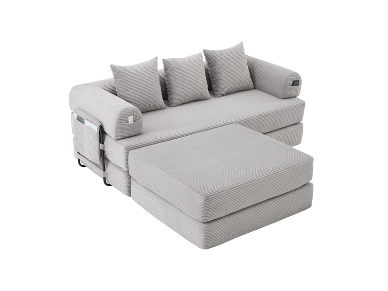  Canapé modulable modenvie 3 places avec pouf velours côtelé gris clair 200 x 190 x 67 cm  - Conforama A