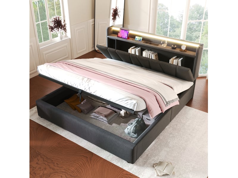  Lit double 140 x 200 cm gris avec tête de lit de rangement, led et prises usb  - Conforama D