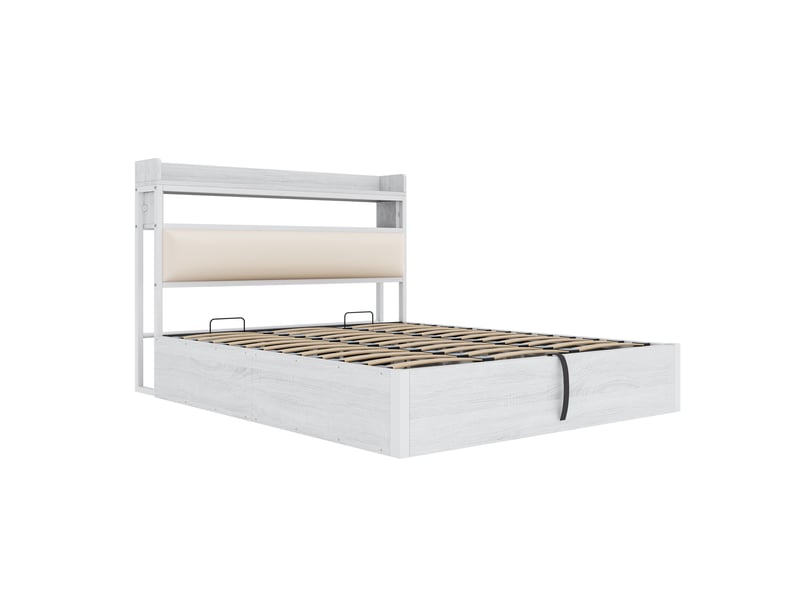  Lit coffre 180x200 cm blanc bois métal avec usb et rangement hydraulique  - Conforama A