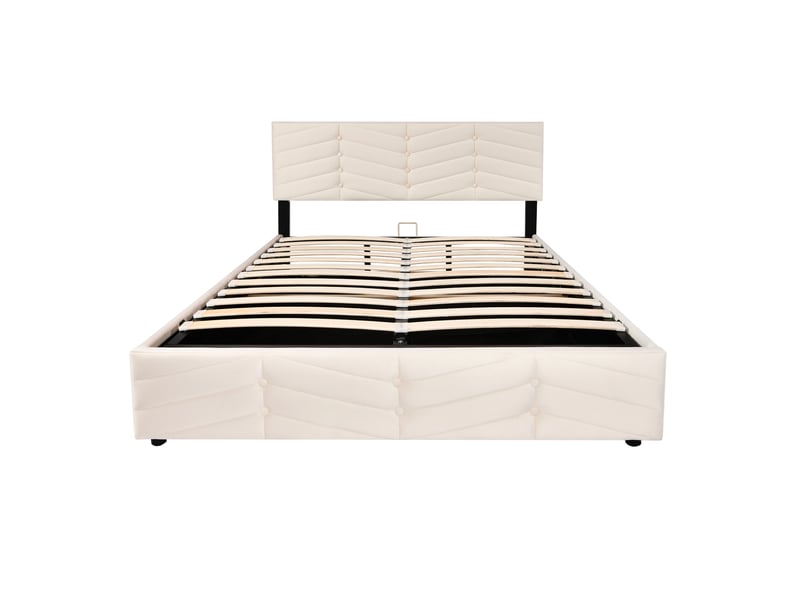  Lit rembourré 140 x 190 cm avec sommier à lattes et tête de lit réglable en hauteur, pour adultes et adolescents, support à lattes en bois, montage facile, velours beige.  - Conforama E
