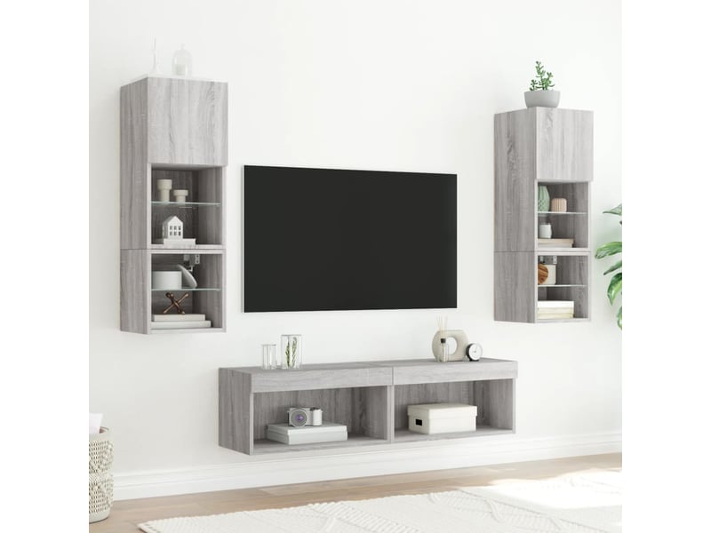  Unités murales tv avec led 6 pcs gris sonoma bois d'ingénierie  - Conforama C