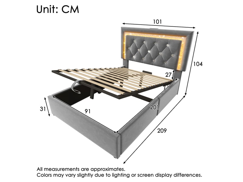  Modenvie lit coffre 90x200 cm - tête capitonnée avec led, ports usb et usb-c - avec matelas - gris  - Conforama C