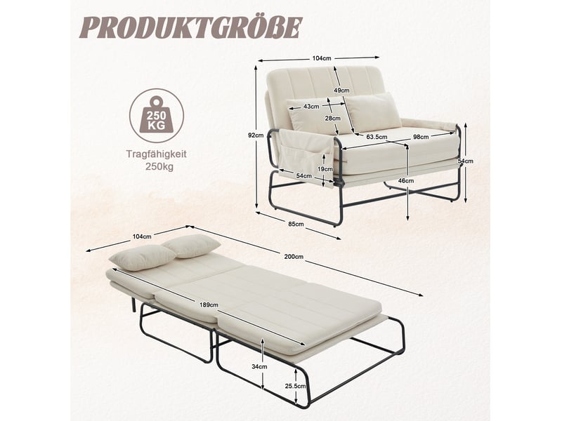  Canapé convertible 2 places avec poches latérales et coussin lombaire, structure en métal, chenille beige  - Conforama D