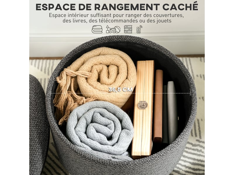  Pouf rond repose-pieds tabouret avec coffre de rangement pieds en bois design moderne gris  - Conforama D