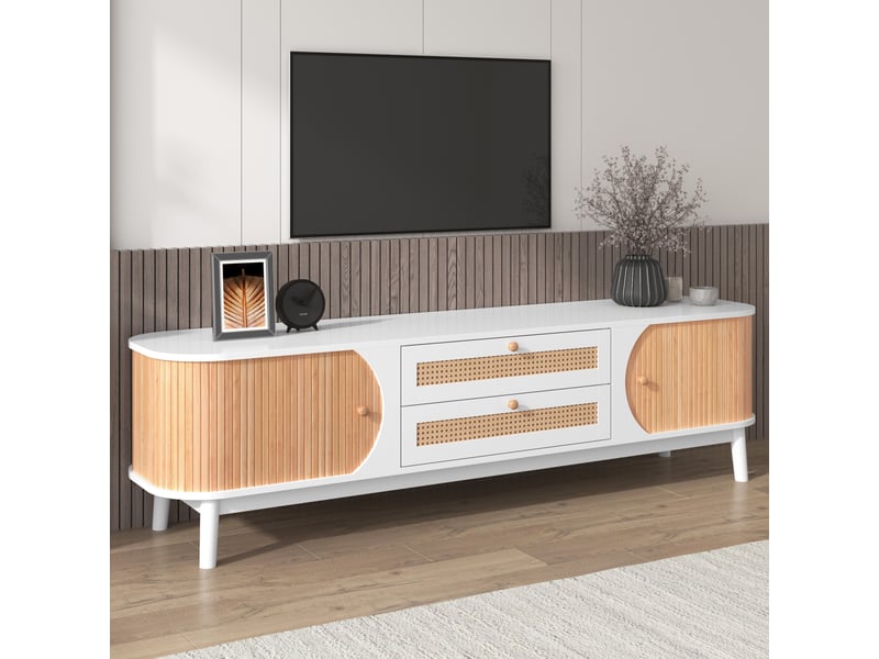  Meuble tv rotin et bois 170 cm, meuble tv blanc et bois avec portes et tiroirs, style campagne naturel  - Conforama D