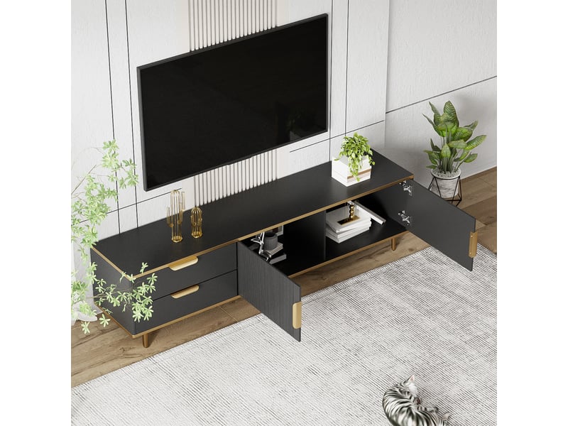  Meuble tv noir et or 170 cm avec motifs sculptés, banc tv moderne avec tiroirs et portes pour salon  - Conforama R