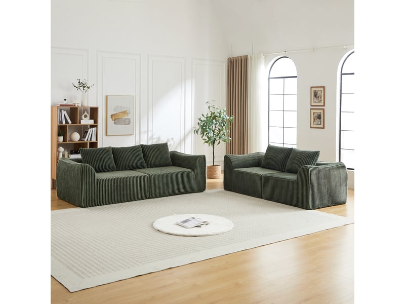 Canapé droit en velours côtelé vert, canapé 3 + 2 places avec 5 coussin, sans montage, mousse  - Conforama W