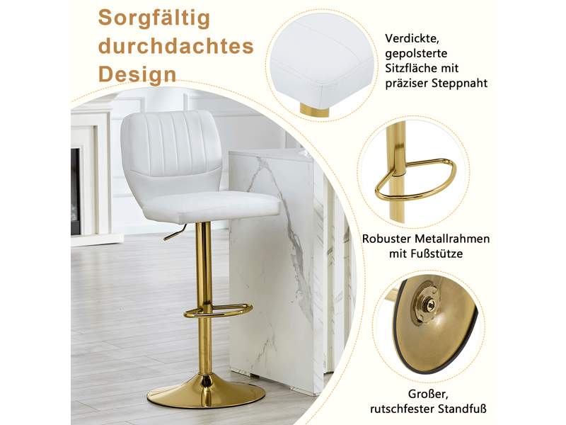  Tabouret de bar pivotant réglable en hauteur avec dossier et repose-pieds, en pu blanc et doré  - Conforama E