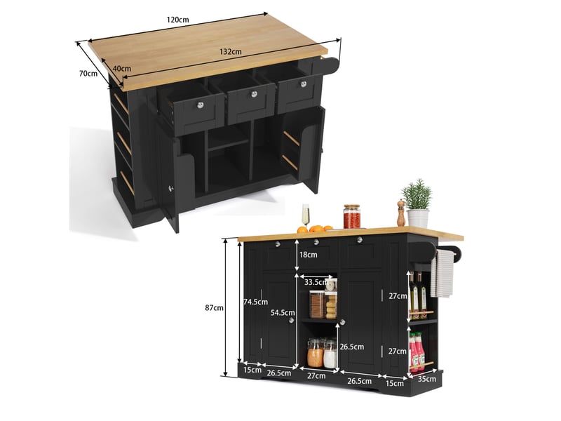  Desserte de cuisine 132 cm avec plateau rabattable, tiroirs, prise usb, naturel noir  - Conforama C