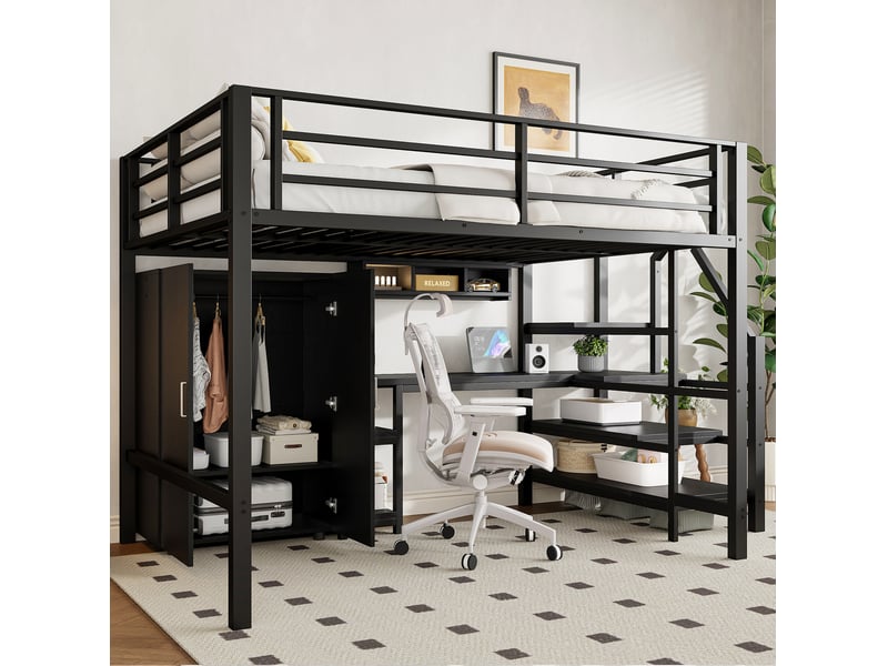  Lit mezzanine enfant 140x200 cm avec bureau, armoire et rangements, noir et blanc  - Conforama D