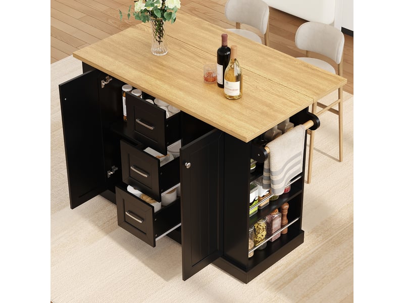 Desserte de cuisine avec plateau rabattable, 3 tiroirs, étagère à 3 niveaux et roulettes freinées, 120×70×90 cm - Conforama C