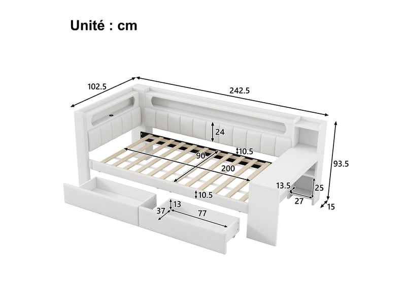  Lit gigogne 90x200 cm - lit avec rangement et bureau - mdf et lin - sans matelas - blanc  - Conforama C