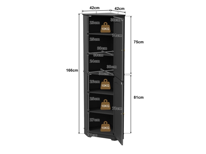  Armoire d'angle 42x42x166 cm à 2 portes et étagères réglables noire  - Conforama C