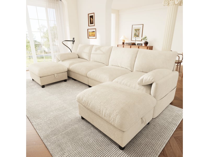 Canapé modulaire 6 places en chenille beige, canapé d’angle en u ou en l avec deux poufs de rangement et ports usb type-c - Conforama R